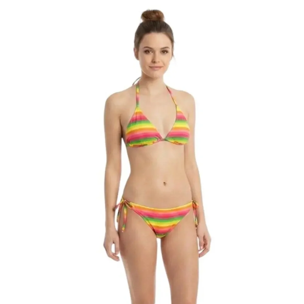 L*Space Lily Striped  Deep V Neckline Full Cut Swim Top Bottom Set, S